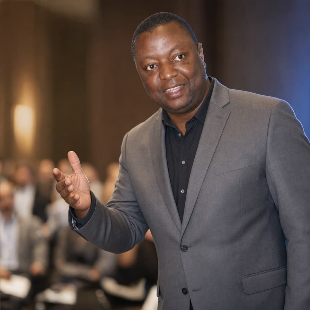 Lloyd Munyaviri in a grey suit addressing an audience